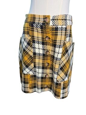 Maeve x Anthropologie Button-Front Plaid Mini Skirt - Mustard Black Cream Sz 6